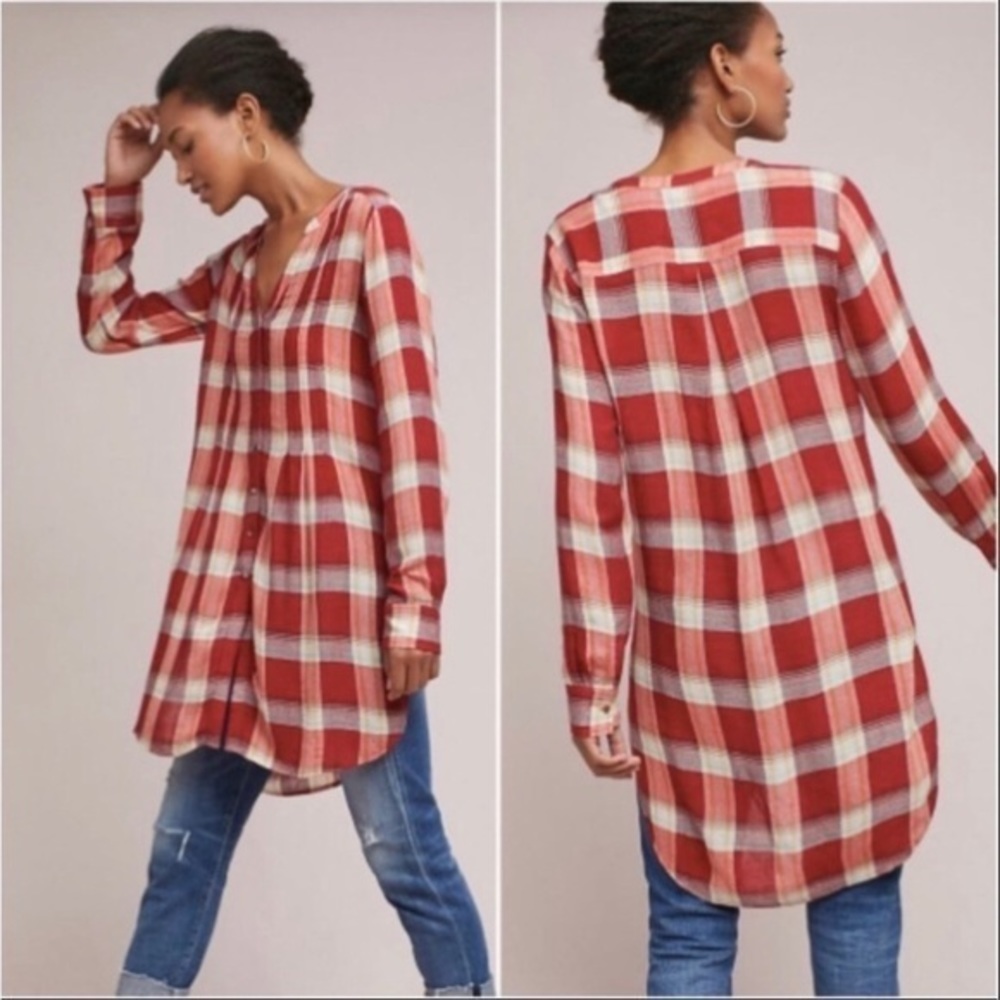 Anthropologie Red Plaid Tunic Top